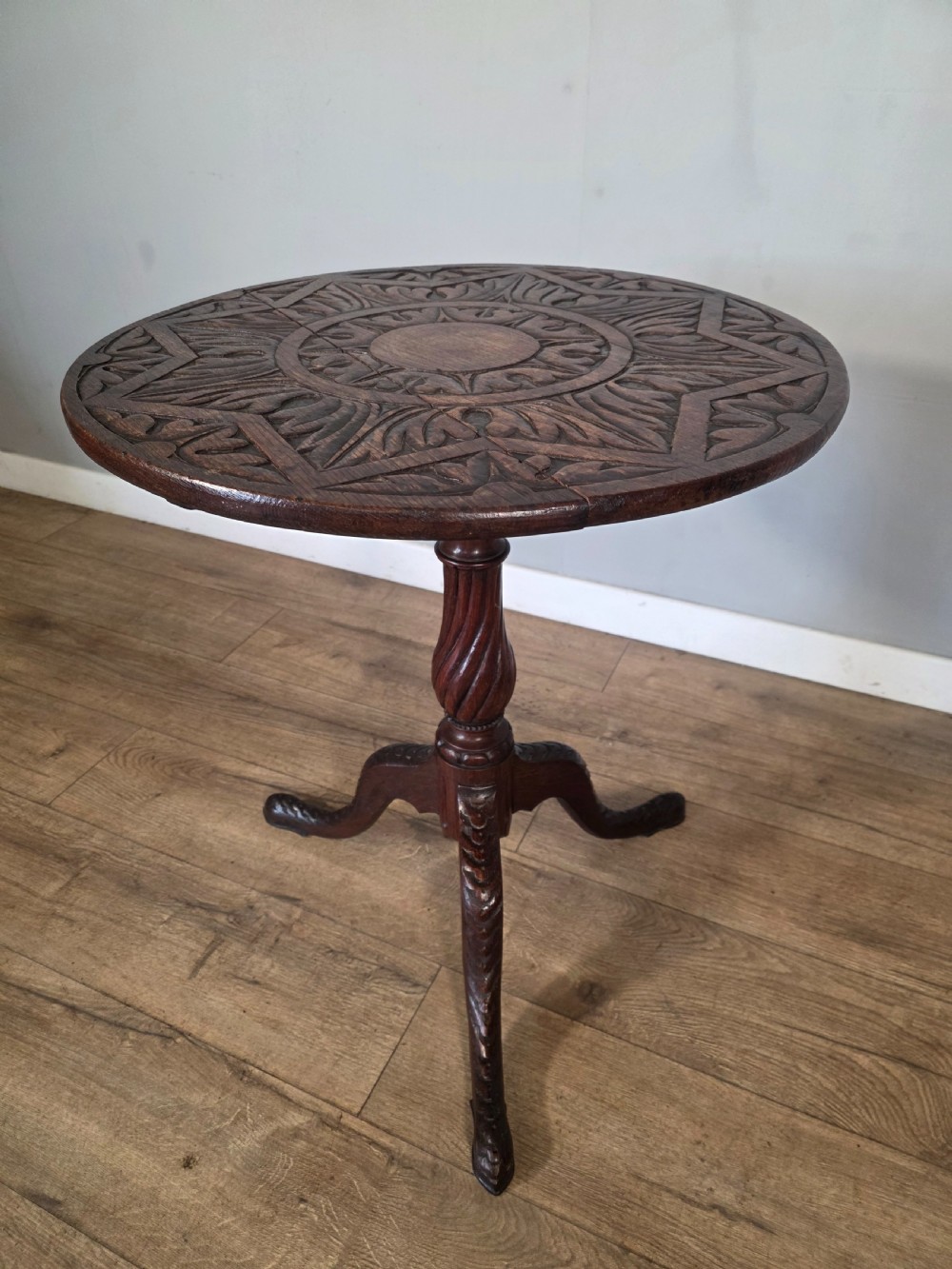 Antique Oak Carved Tilt Top Table 1840s.  View VIII
