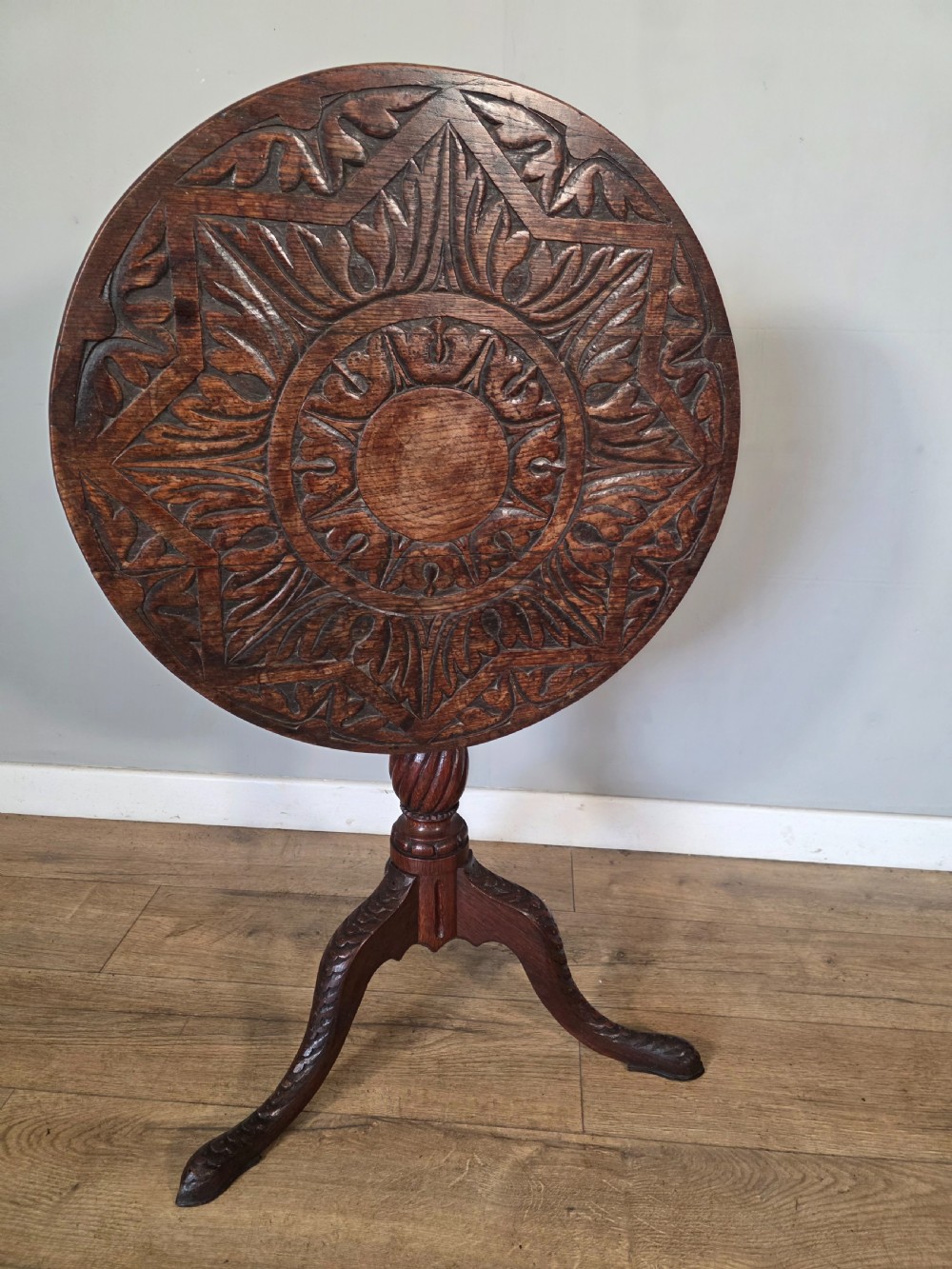 Antique Oak Carved Tilt Top Table 1840s.  View IX