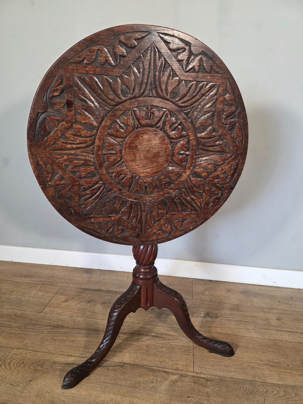 Antique Oak Carved Tilt Top Table 1840s.  View X