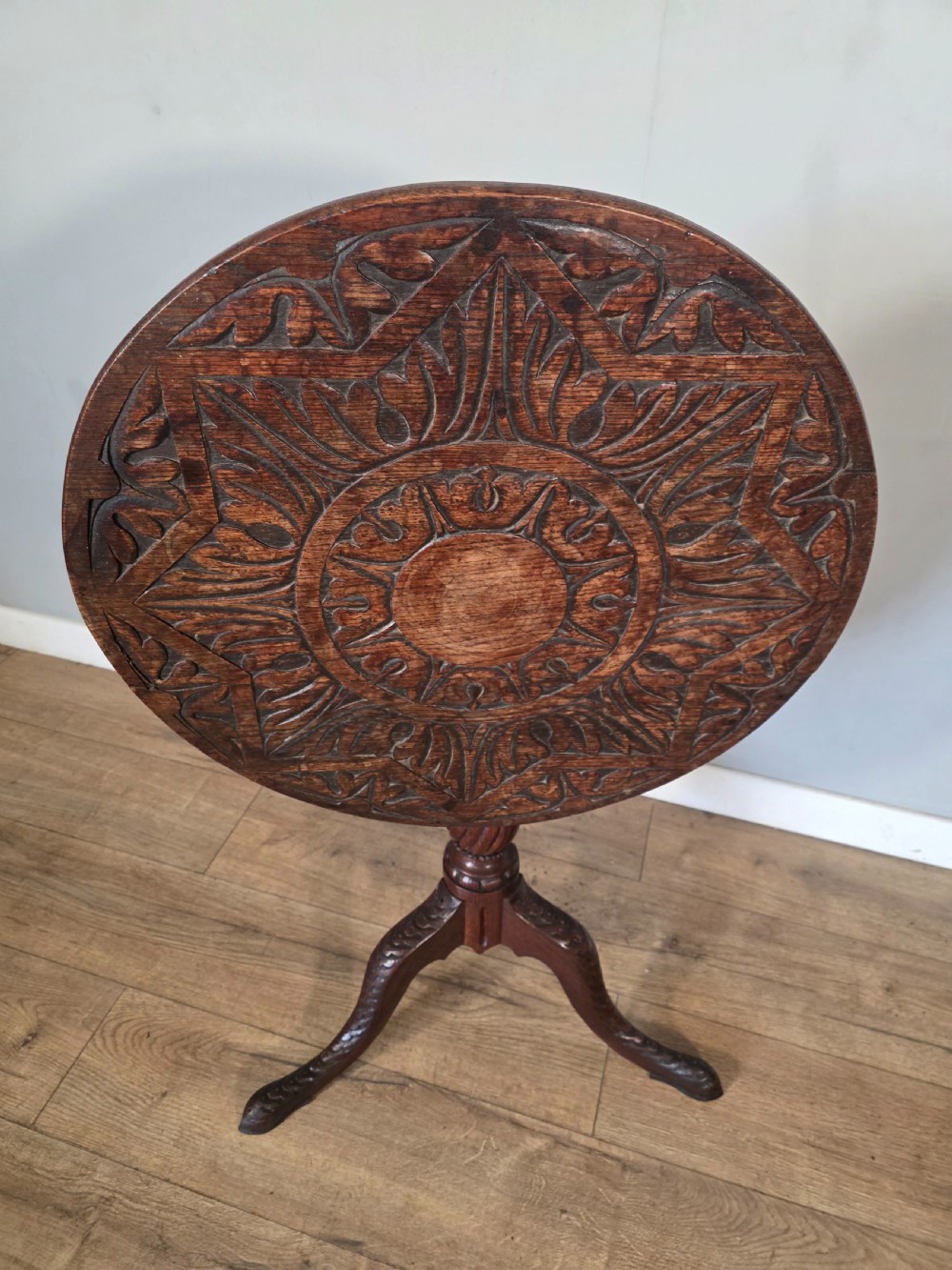 Antique Oak Carved Tilt Top Table 1840s.  View XI