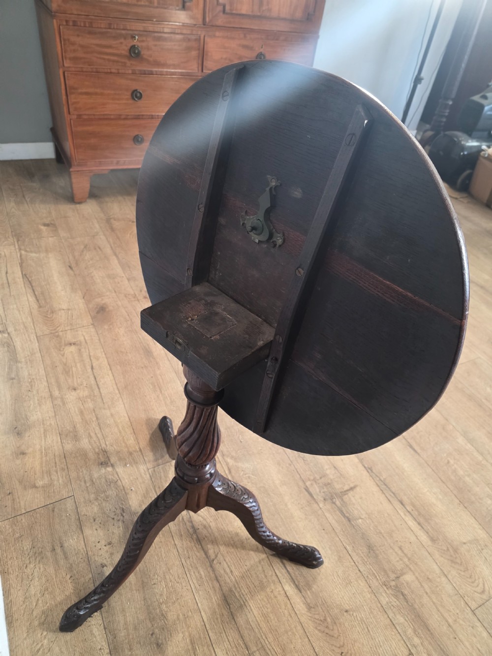 Antique Oak Carved Tilt Top Table 1840s.  View XII