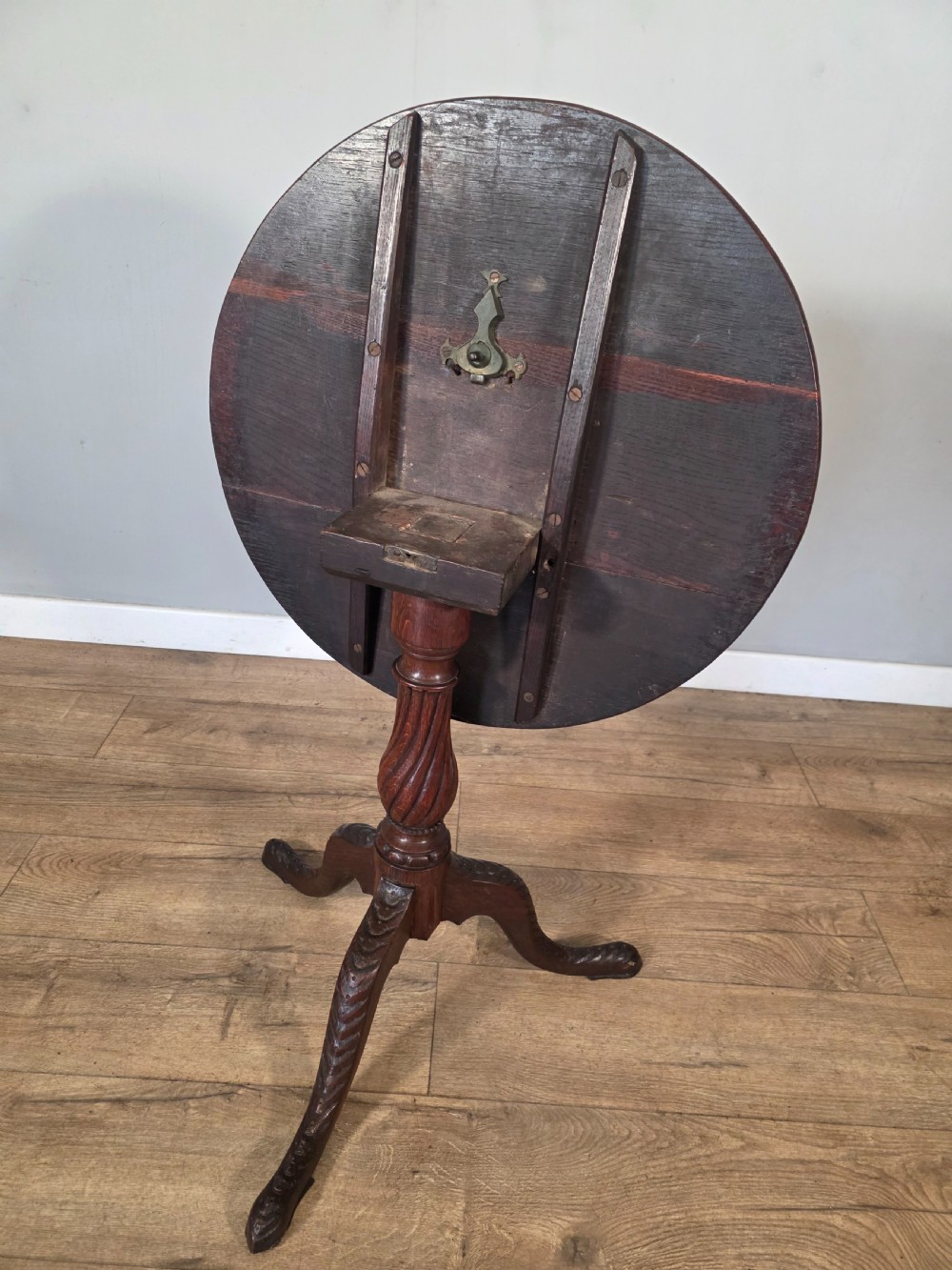 Antique Oak Carved Tilt Top Table 1840s.  View XIII