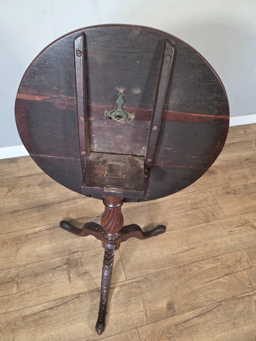 Antique Oak Carved Tilt Top Table 1840s.  View XV