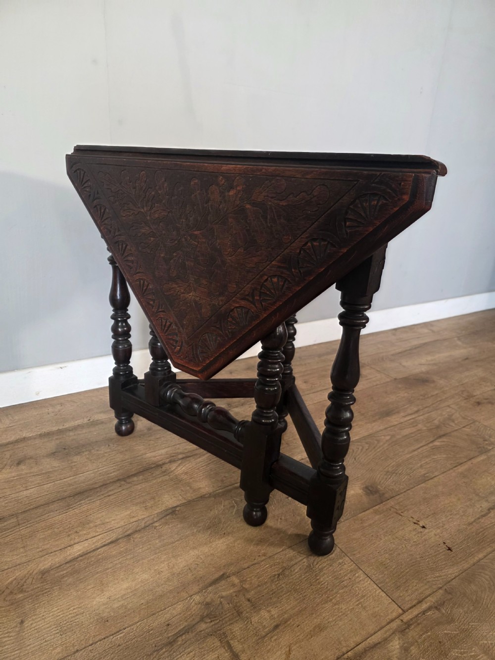 Antique Late Victorian Carved Drop Leaf Corner Side Table 1890s  View II