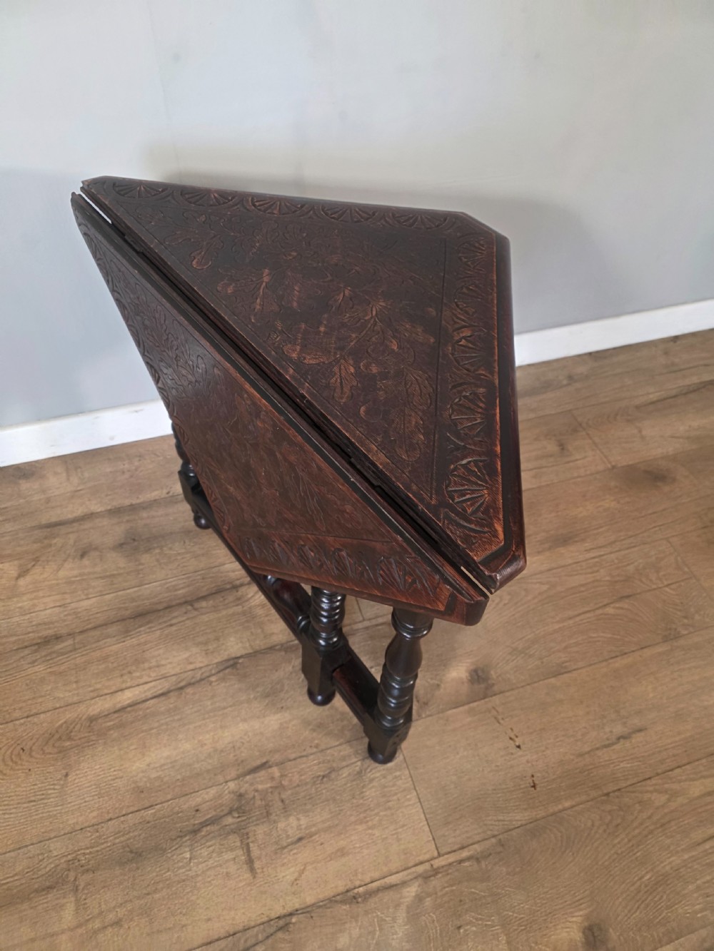 Antique Late Victorian Carved Drop Leaf Corner Side Table 1890s  View V