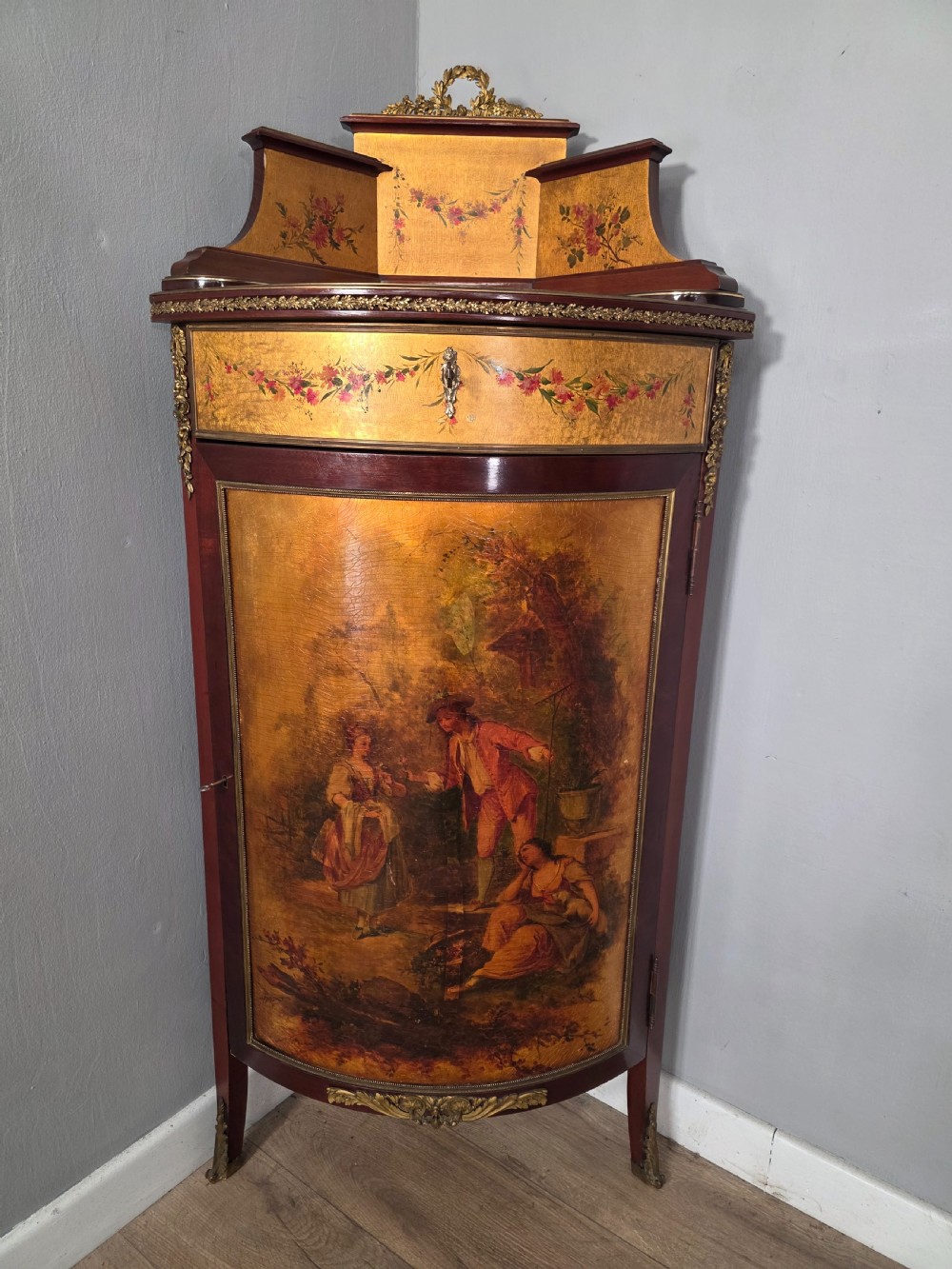 Antique French Vernis Style Martin Style Corner Cupboard 1900s  View II