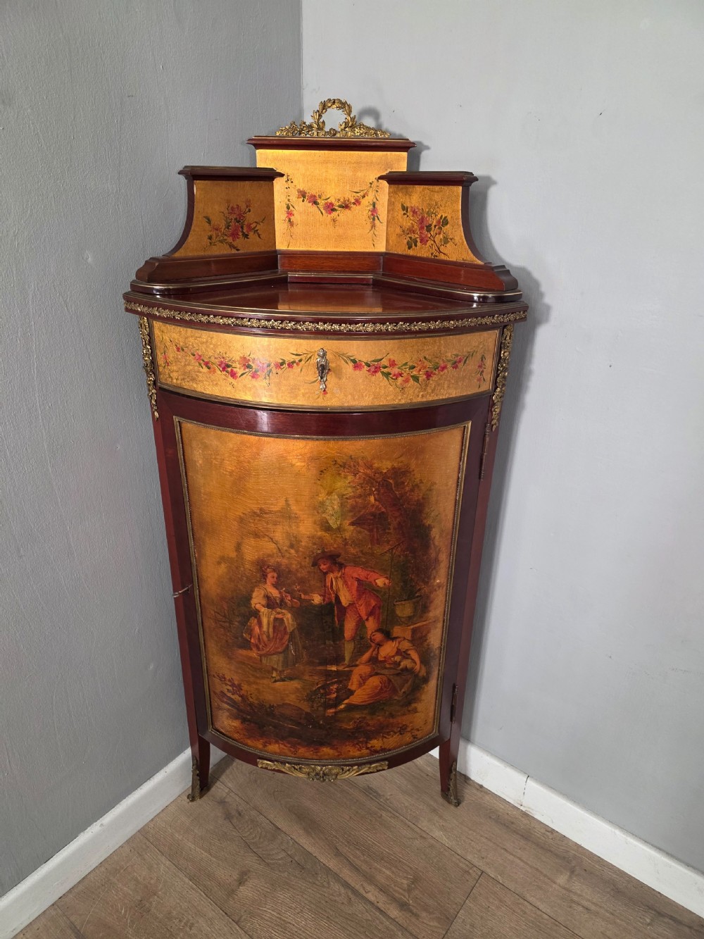 Antique French Vernis Style Martin Style Corner Cupboard 1900s  View III