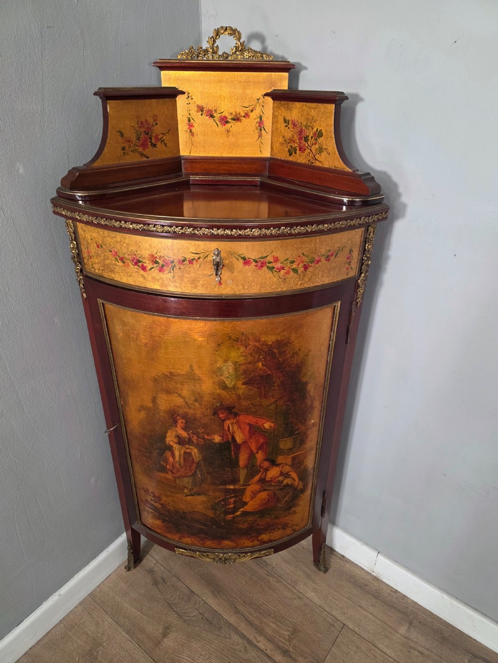Antique French Vernis Style Martin Style Corner Cupboard 1900s  View IV