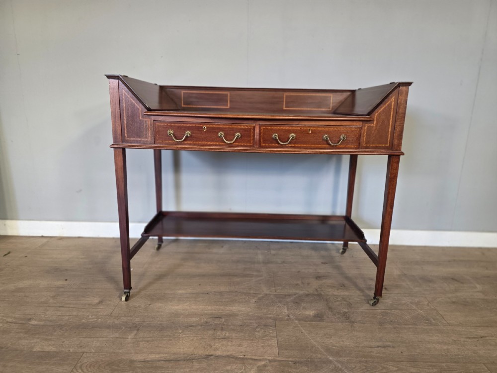 Antique Edwardian Inlaid Maghongy Leather Top Desk 