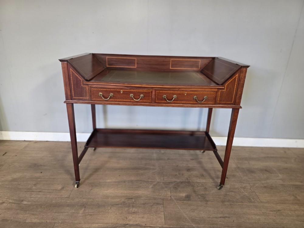 Antique Edwardian Inlaid Maghongy Leather Top Desk  View II