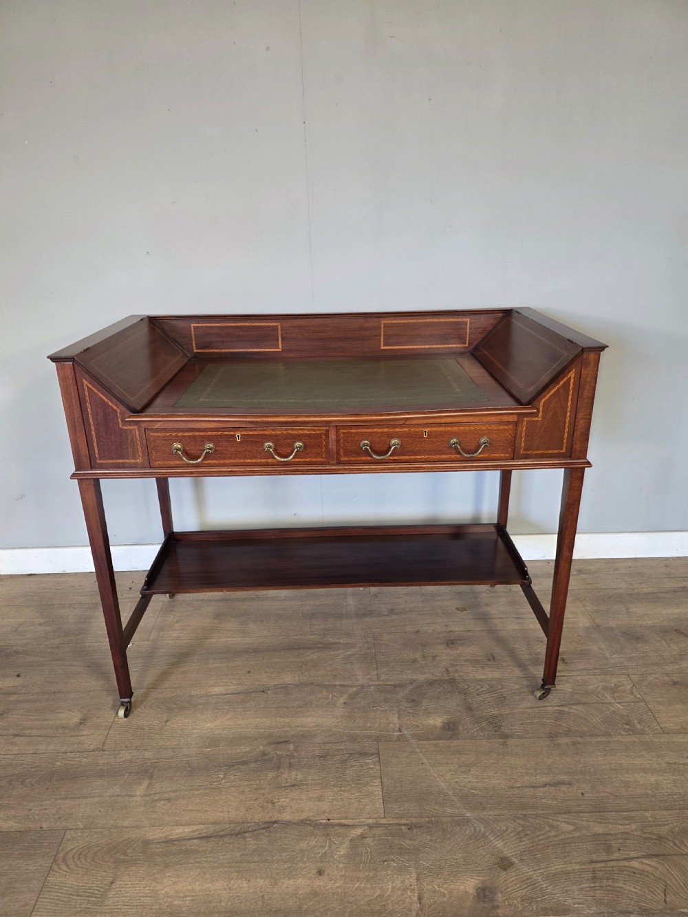 Antique Edwardian Inlaid Maghongy Leather Top Desk  View V