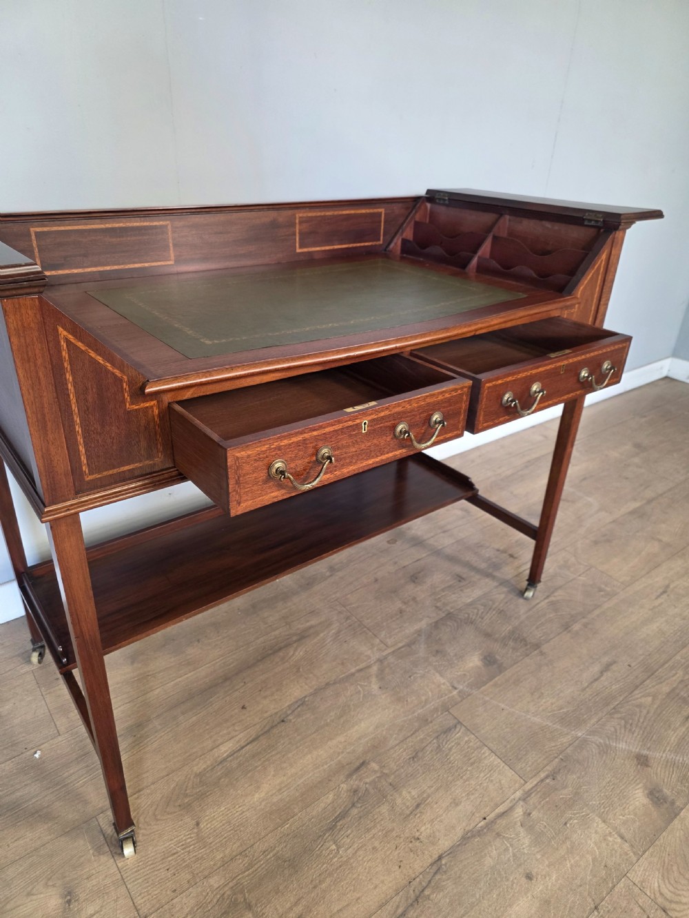 Antique Edwardian Inlaid Maghongy Leather Top Desk  View VIII