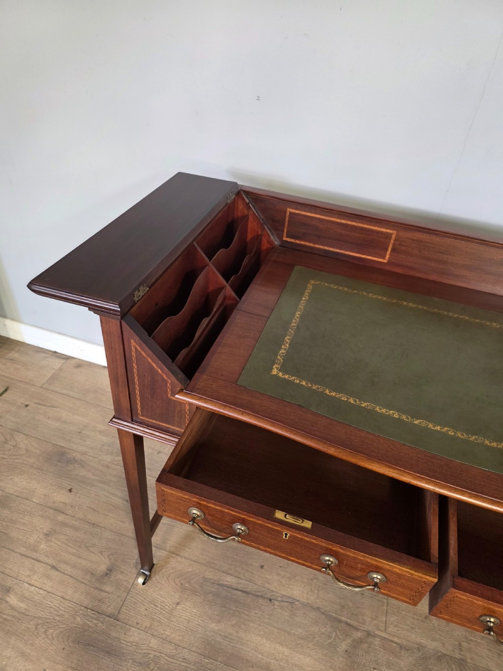 Antique Edwardian Inlaid Maghongy Leather Top Desk  View IX