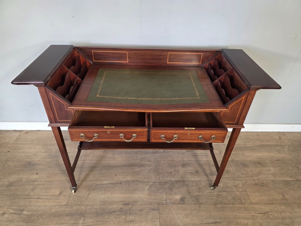 Antique Edwardian Inlaid Maghongy Leather Top Desk  View X