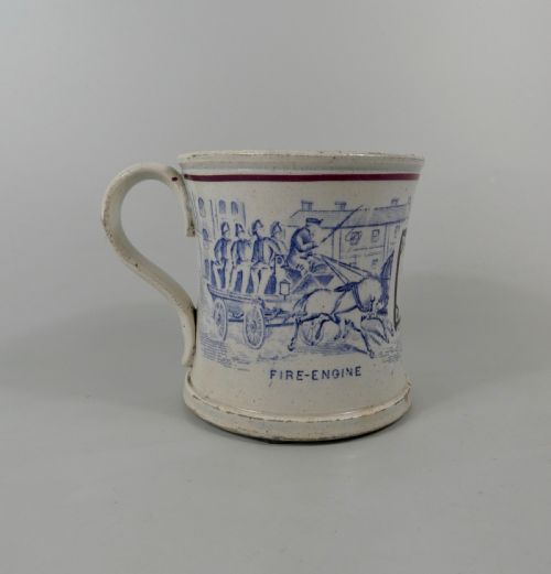 Rare English Pottery Mug, Fire Engine, Dated 1876.