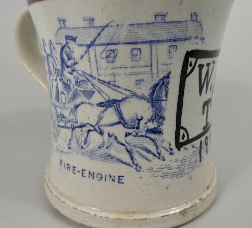 Rare English pottery mug, Fire Engine, dated 1876. View V