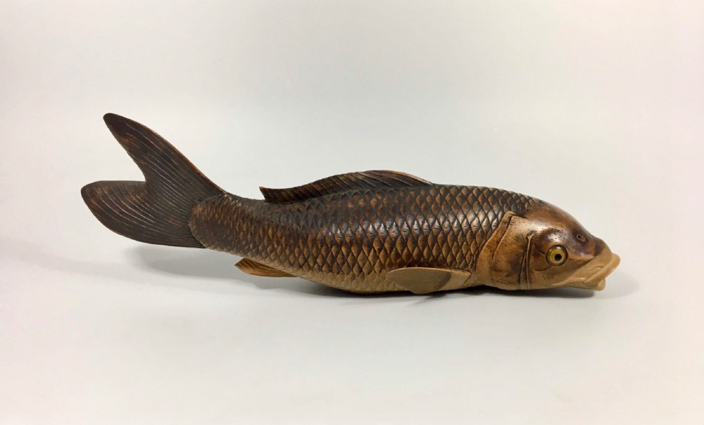 Japanese carved wood carp okimono. Nishikawa Suketsugu, Meiji Period.
