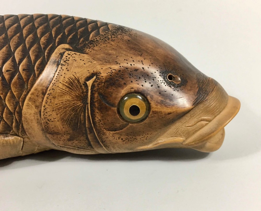 Japanese carved wood carp okimono. Nishikawa Suketsugu, Meiji Period. View II