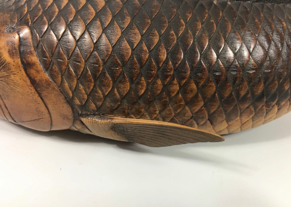 Japanese carved wood carp okimono. Nishikawa Suketsugu, Meiji Period. View VIII