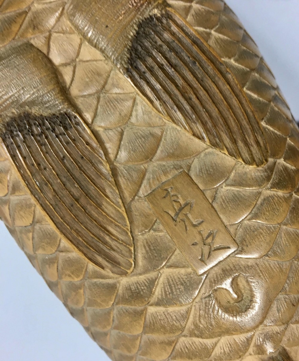 Japanese carved wood carp okimono. Nishikawa Suketsugu, Meiji Period. View X