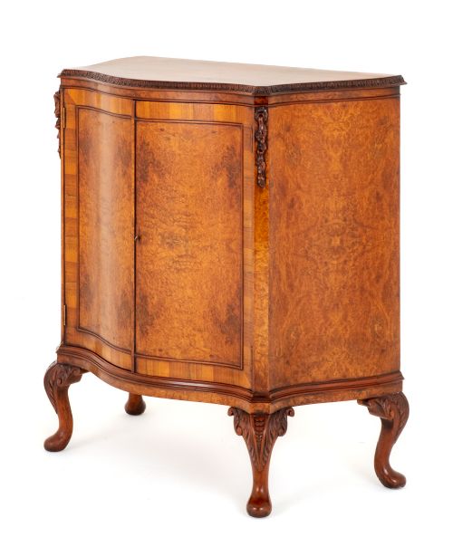Burr Walnut Queen Anne Style Shaped Side Cabinet