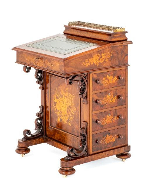 Victorian Marquetry Walnut Davenport
