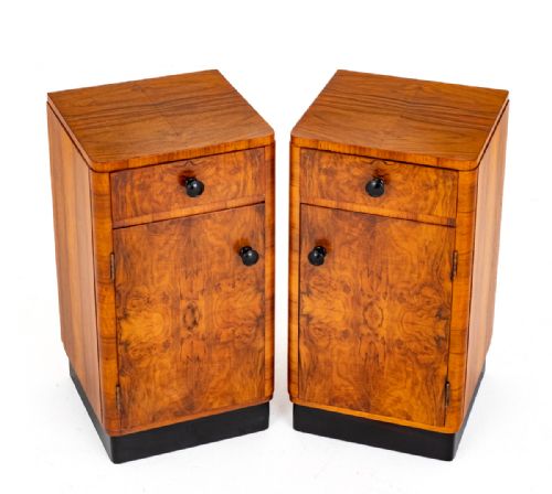 Matched Pair of Art Deco Walnut Bedside Cabinets