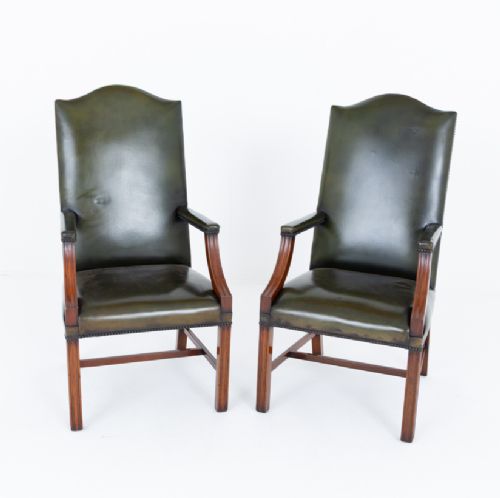 PAIR OF GEORGIAN REVIVAL LEATHER GAINSBOROUGH CHAIRS