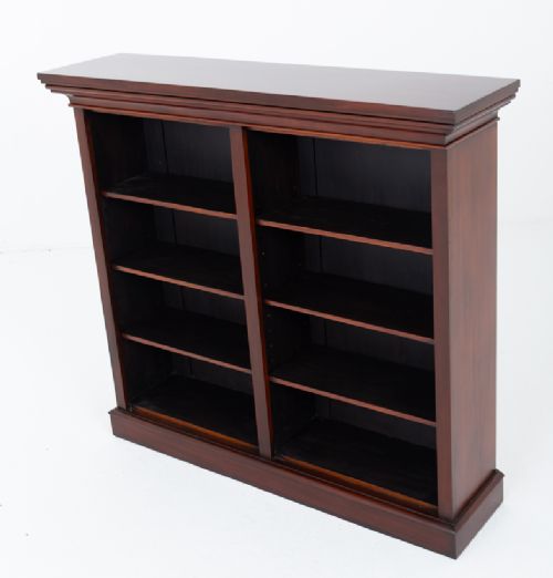 A dark Victorian mahogany open bookcase featuring two sections, adjustable shelving, a moulded top cornice, and a solid plinth base. View IV