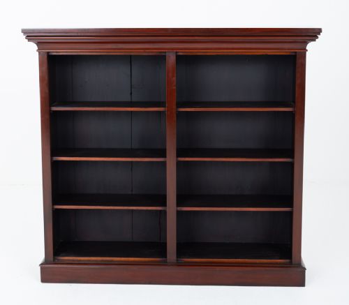 A dark Victorian mahogany open bookcase featuring two sections, adjustable shelving, a moulded top cornice, and a solid plinth base. View V