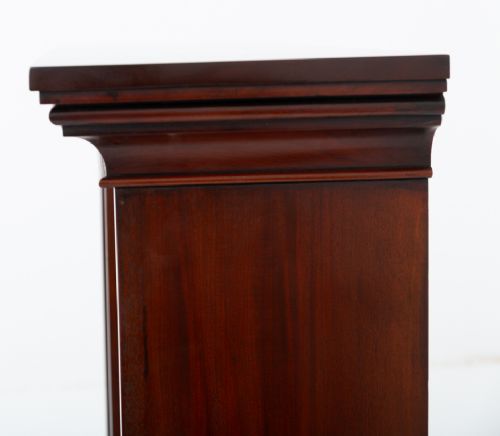 A dark Victorian mahogany open bookcase featuring two sections, adjustable shelving, a moulded top cornice, and a solid plinth base. View VI