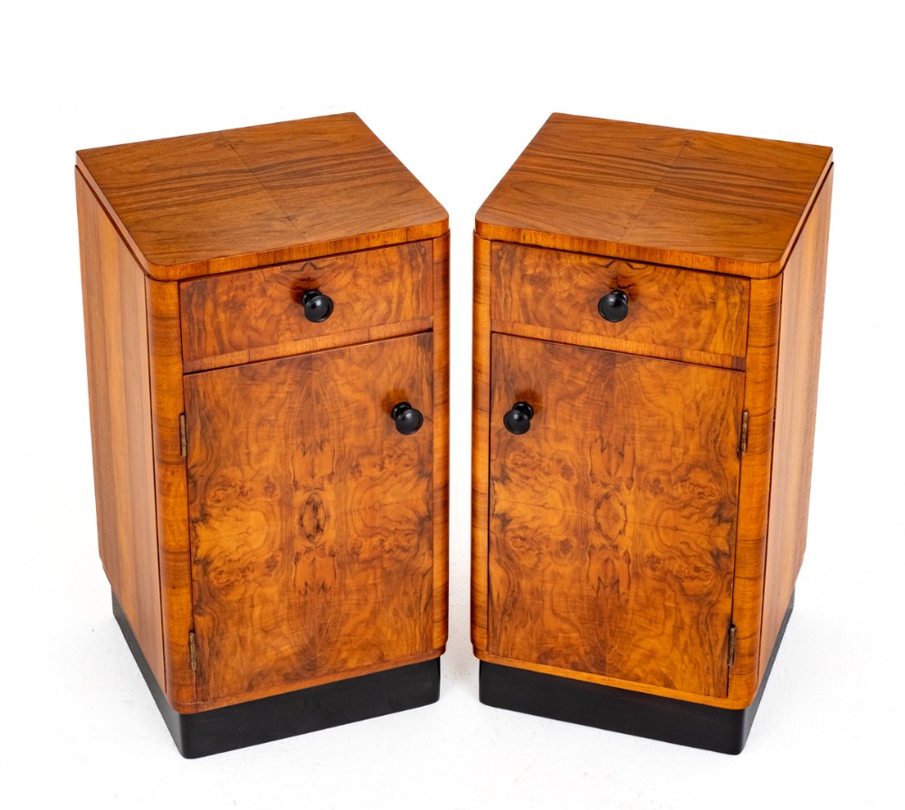 Matched Pair of Art Deco Walnut Bedside Cabinets