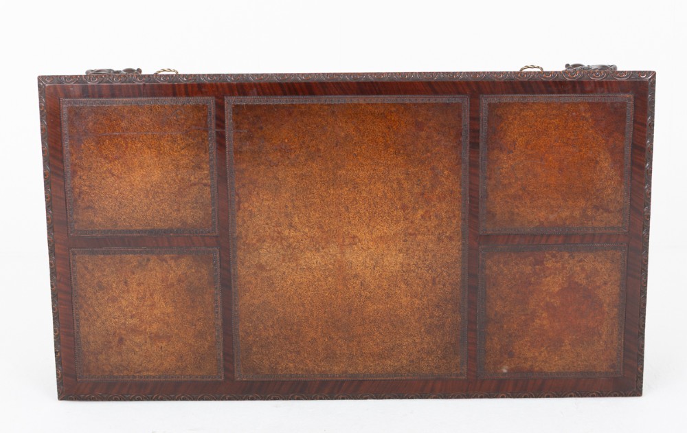 A dark mahogany Chippendale style writing desk featuring an inset leather top, carved cabriole legs with ball-and-claw feet, and brass drawer handles. View V