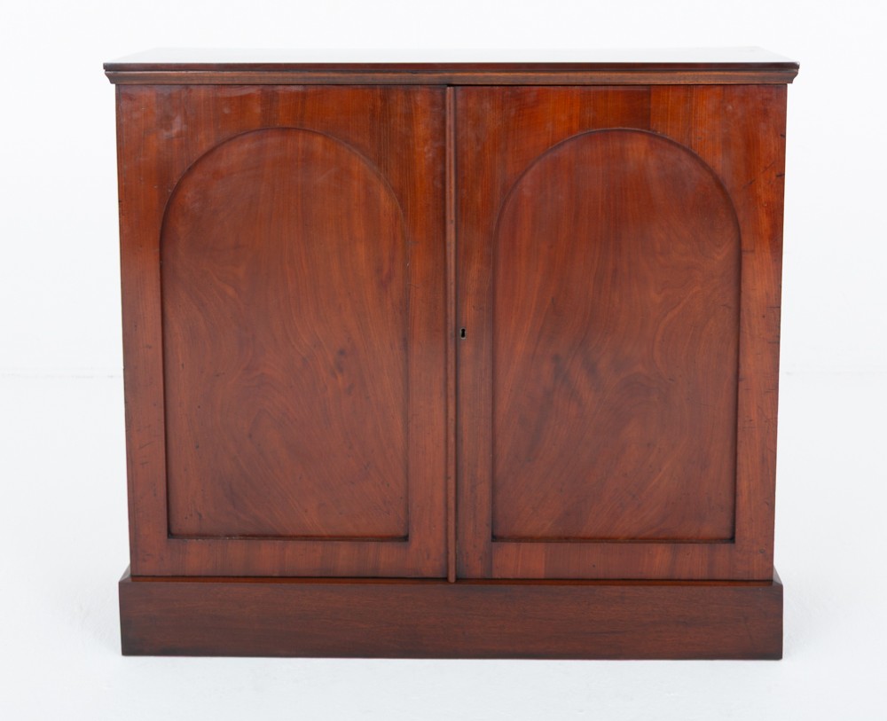 A Victorian mahogany side cabinet featuring two recessed arched panel doors and a solid plinth base. View IV
