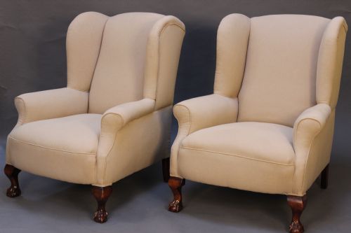 Pair of Late 19thc. Walnut Claw & Ball Wing Armchairs
