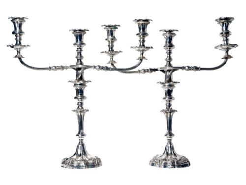 pair large antique three light sheffield plate candelabra - CATEGORY: ANTIQUE LIGHTING - DATED 1850