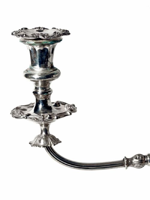 PAIR LARGE ANTIQUE THREE LIGHT SHEFFIELD PLATE CANDELABRA - ADDITIONAL PHOTO 3