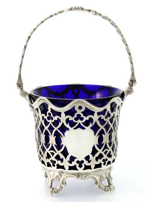 victorian silver sugar basket with blue glass liner c1848 - CATEGORY: ANTIQUE SILVER - DATED 1850