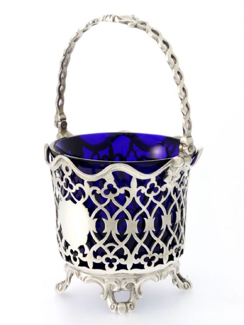 VICTORIAN SILVER SUGAR BASKET WITH BLUE GLASS LINER C1848 - ADDITIONAL PHOTO 1