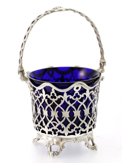 VICTORIAN SILVER SUGAR BASKET WITH BLUE GLASS LINER C1848 - ADDITIONAL PHOTO 2