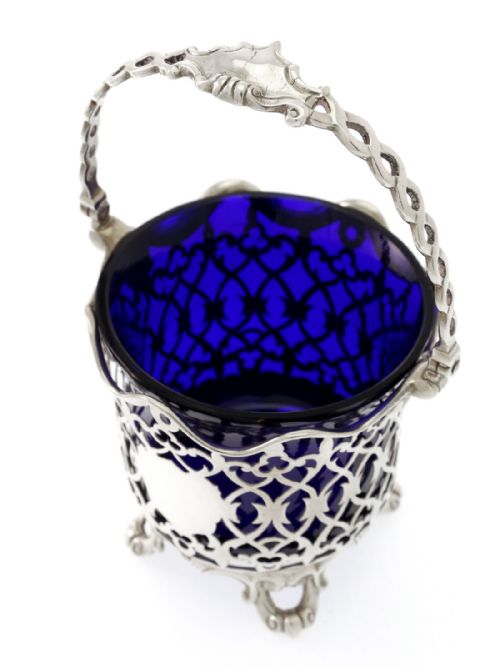 VICTORIAN SILVER SUGAR BASKET WITH BLUE GLASS LINER C1848 - ADDITIONAL PHOTO 3