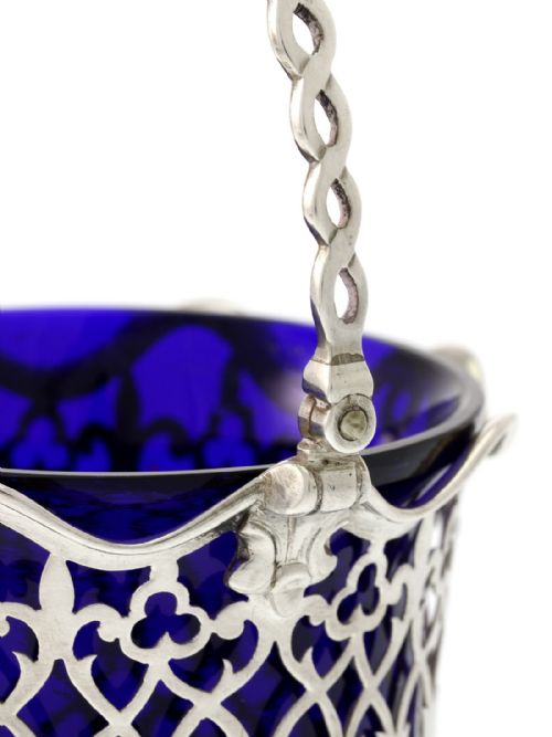 VICTORIAN SILVER SUGAR BASKET WITH BLUE GLASS LINER C1848 - ADDITIONAL PHOTO 5