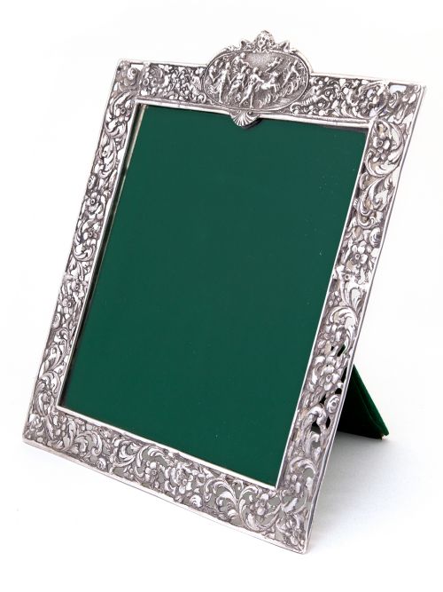 antique square silver photo picture frame with a cartouche depicting females and horses - CATEGORY: ANTIQUE SILVER - DATED 1900