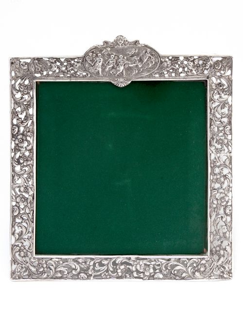 ANTIQUE SQUARE SILVER PHOTO PICTURE FRAME WITH A CARTOUCHE DEPICTING FEMALES AND HORSES - ADDITIONAL PHOTO 1