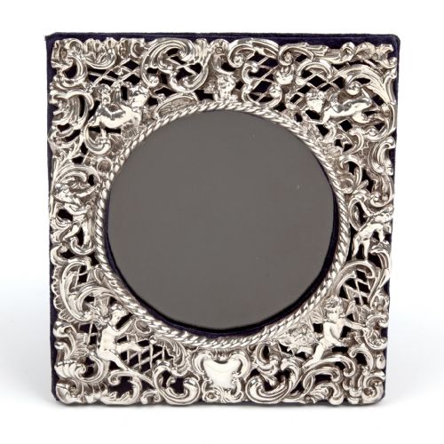 EDWARDIAN SQUARE SILVER PHOTO PICTURE FRAME DECORATED WITH CHERUBS AND SCROLLING FLOWERS - ADDITIONAL PHOTO 1