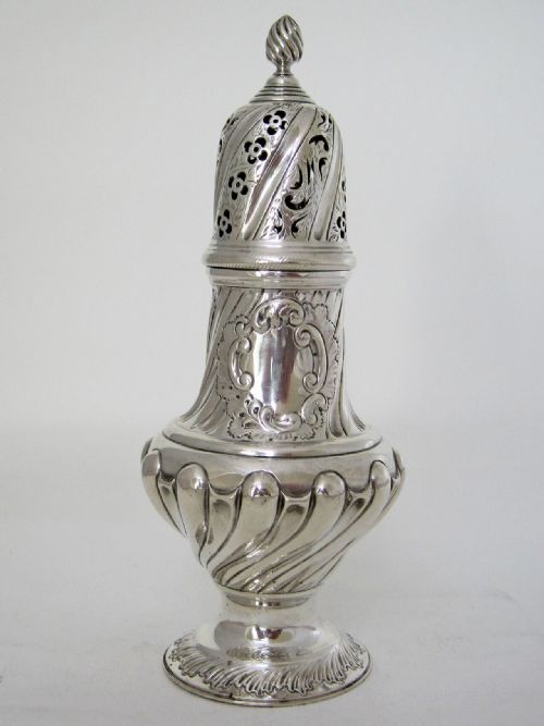 LARGE VICTORIAN EMBOSSED SILVER SUGAR CASTER WITH A DETACHABLE LID - ADDITIONAL PHOTO 1