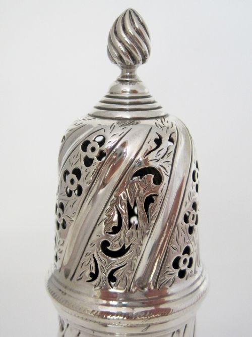 LARGE VICTORIAN EMBOSSED SILVER SUGAR CASTER WITH A DETACHABLE LID - ADDITIONAL PHOTO 3