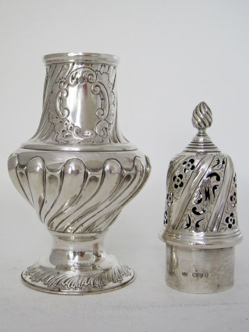 LARGE VICTORIAN EMBOSSED SILVER SUGAR CASTER WITH A DETACHABLE LID - ADDITIONAL PHOTO 4