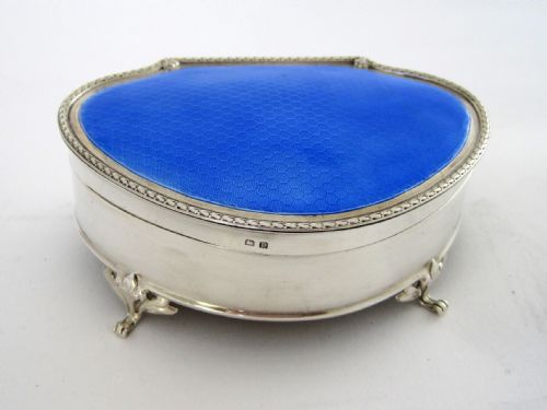 large silver jewellery or trinket box with blue enamel lid - CATEGORY: ANTIQUE BOXES - DATED 1920