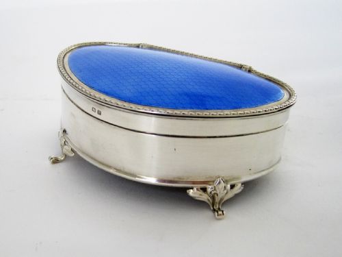 LARGE SILVER JEWELLERY OR TRINKET BOX WITH BLUE ENAMEL LID - ADDITIONAL PHOTO 2